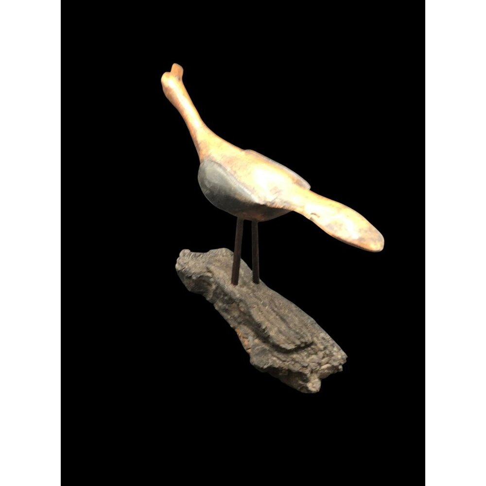 Hand-Carved Wooden Shore Bird With Turned Head On Rustic Driftwood Base 14"x8.5" - Picture 5 of 6